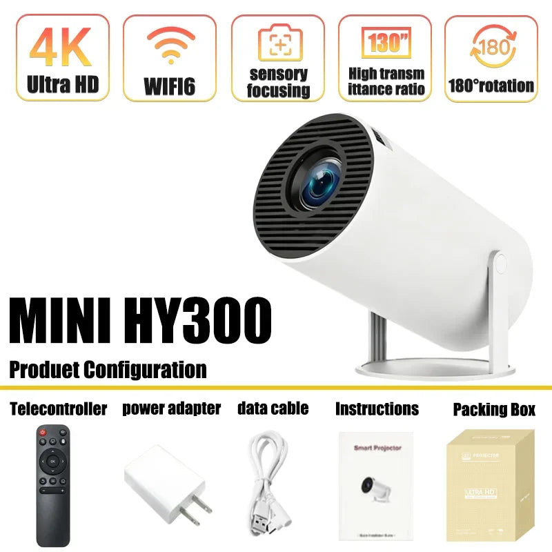 New SmartProjector Mini HY300 8K Android 11 Dual Wifi6 290ANSI Allwinner H726 BT5.4 1080P 1280*720P Home Cinema Outdoor Projetor