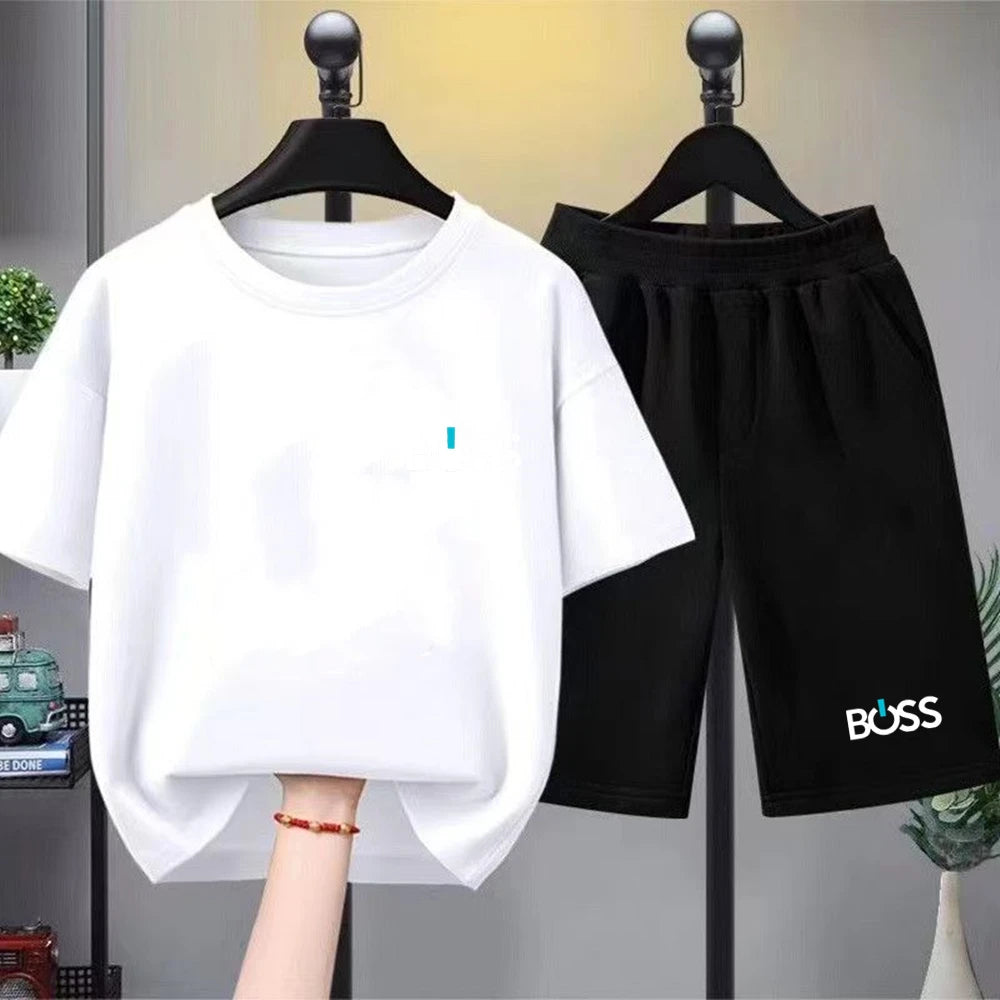 Child T-shirt Summer Short Sleeve Print Children Age 3-12 Girls boy Set white black Tshirt+Shorts 2pcs leisure fashion Kids Set