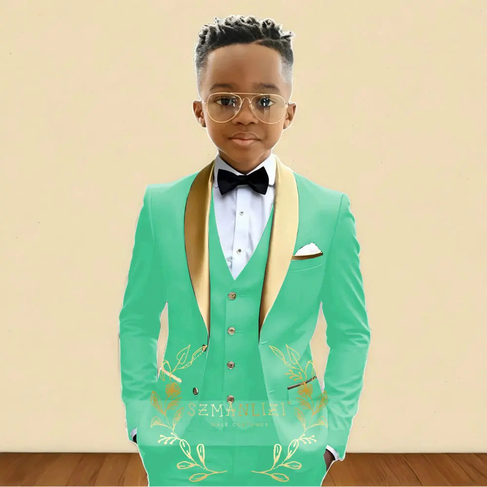 Oil Green Boys Suit 3 Pieces Wedding Tuxedo for Kids Jacket Pants Vest Gold Shawl Lapel Child 2-16 Years Old Customized Outfit