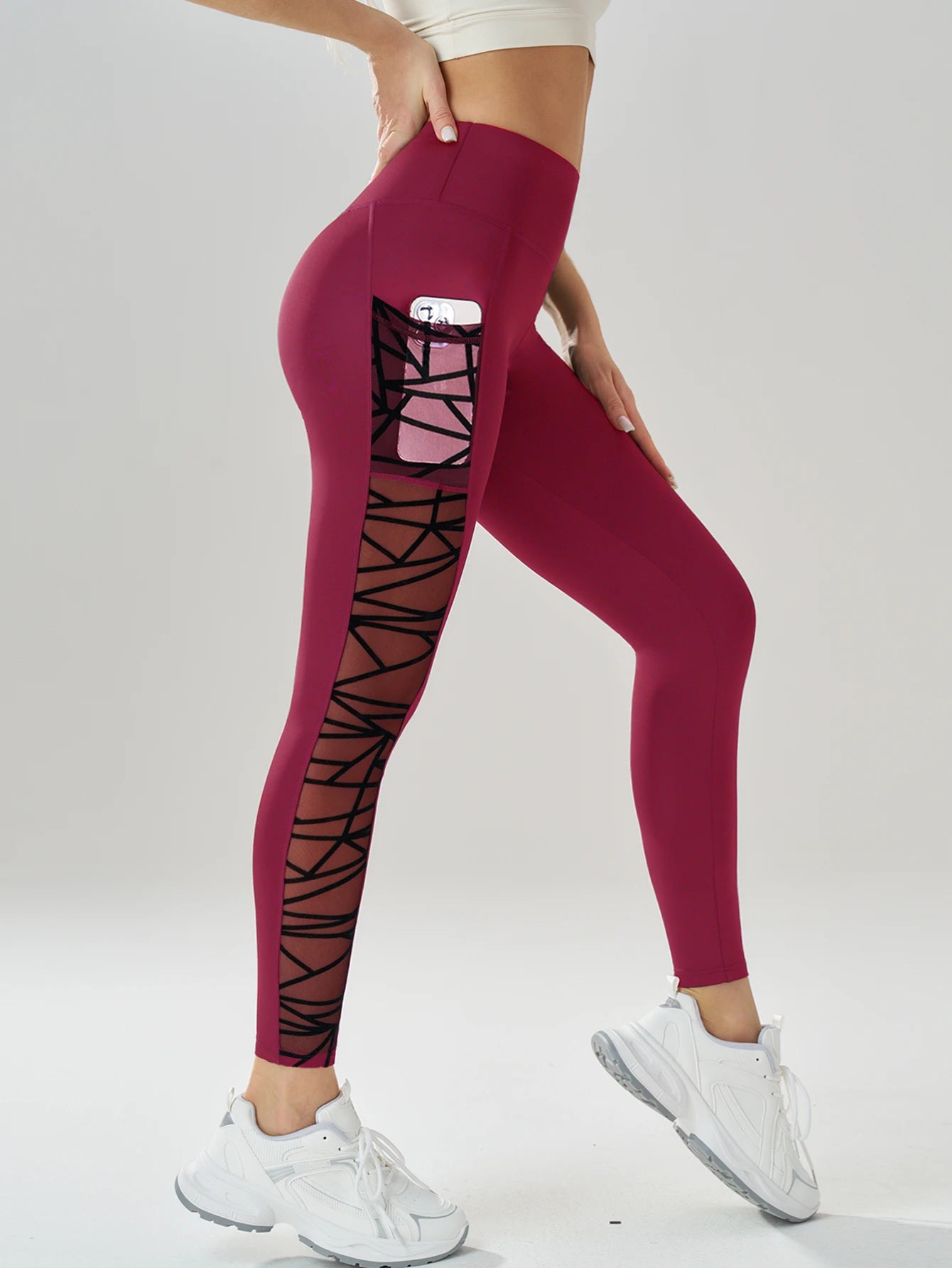 Side Mesh Yoga Women's Leggings Black Fabric Patchwork High Waist Soft Comfortable Gym Fitness Sportswear Long Pants