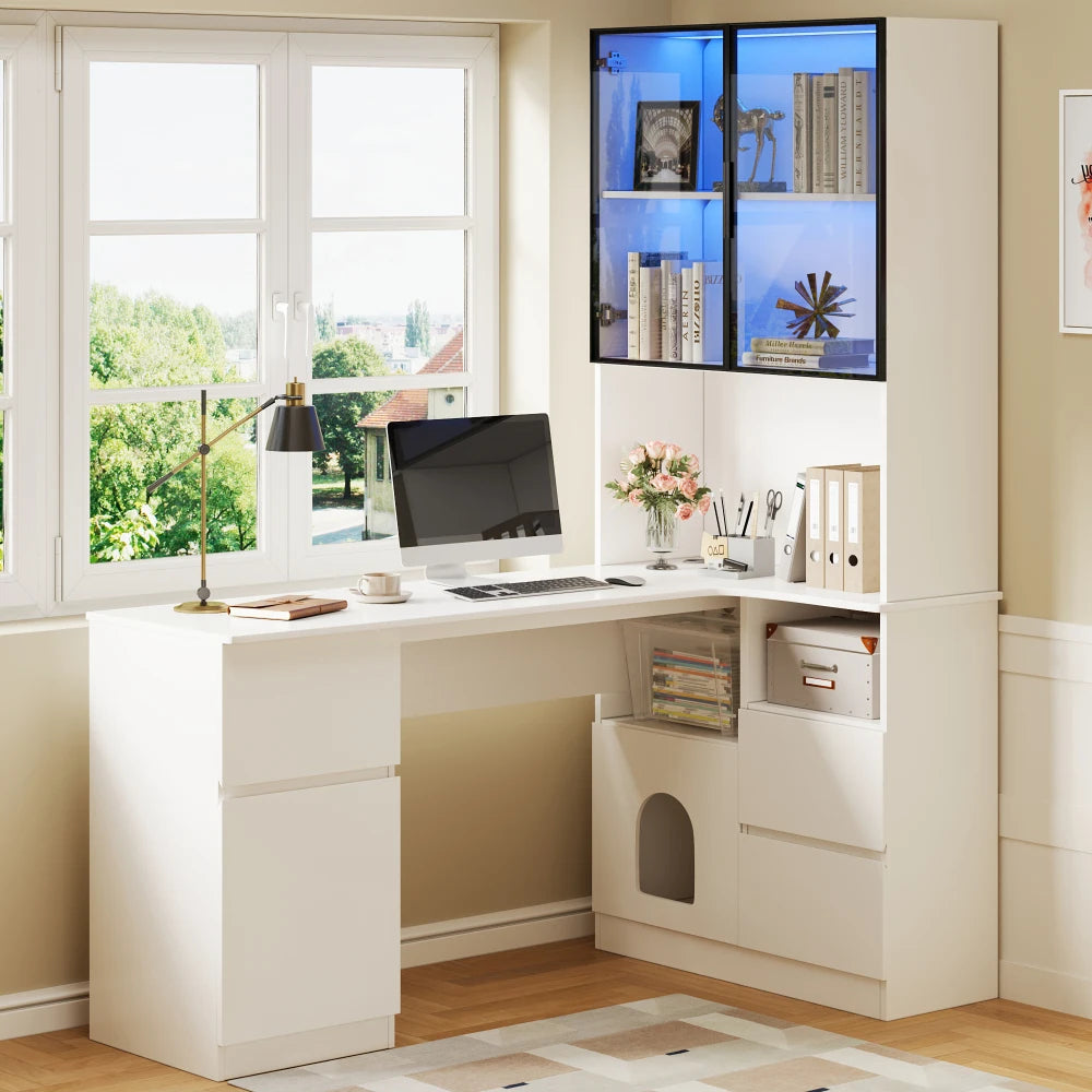 Corner Desk with Shelf and LED Display Cabinet, Desk with Cable Outlet, 3 Drawers, 2 Doors, Open Compartments, Built-in Bookcase