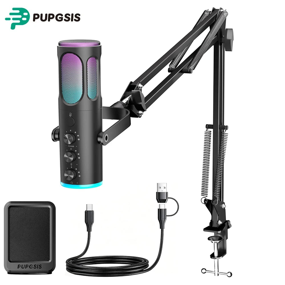 PUPGSIS Gaming USB Microphone, Noise Cancellation Condenser Mic with Mute, Gain, RGB Lights, Boom Arm Stand for Streaming, PC