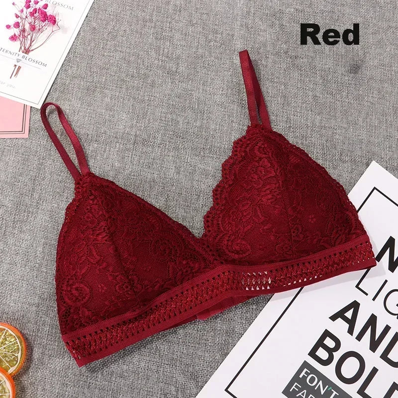 Women Sexy Lace Bra No Steel Ring Beauty Back Wrapped Chest Comfortable Deep V Brassiere Stretch Triangle Cup Padded Underwear