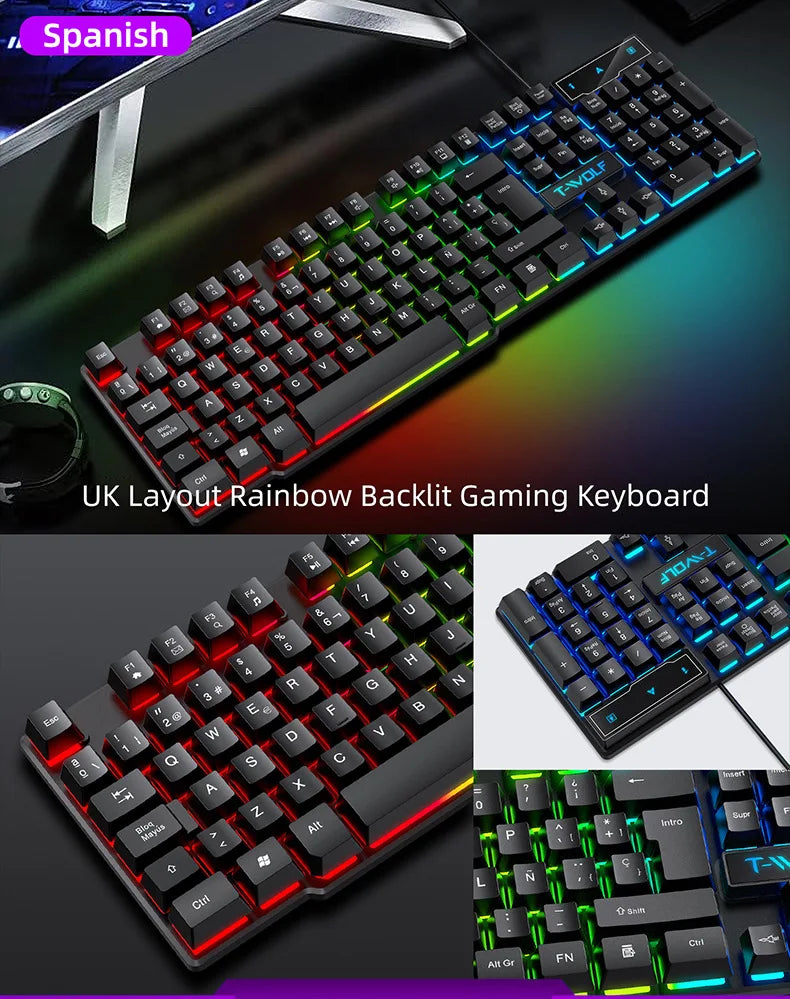 Mechanical Feel Gaming Keyboard Light Backlit RGB Wired Keyboard USB Office Home Media Keys Russian Spanish Arabic English