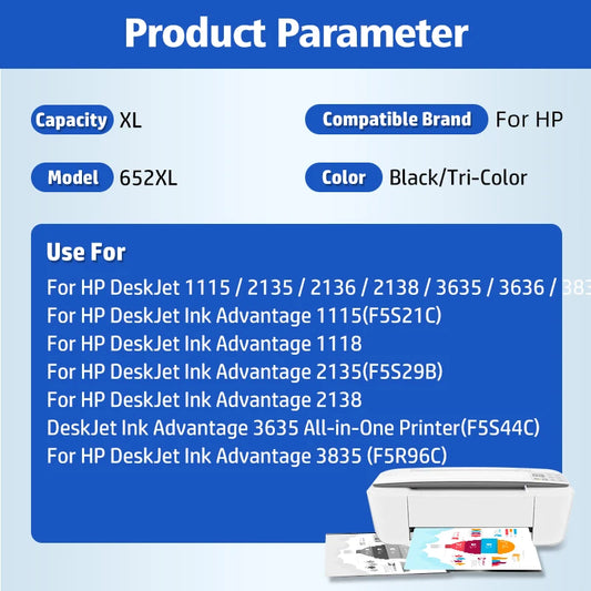 652 XL Bläckpatron Kompatibel Ersättning för HP 652XL HP652 för Deskjet 1115 1118 2135 2136 3635 3636 3835 4535 Skrivare