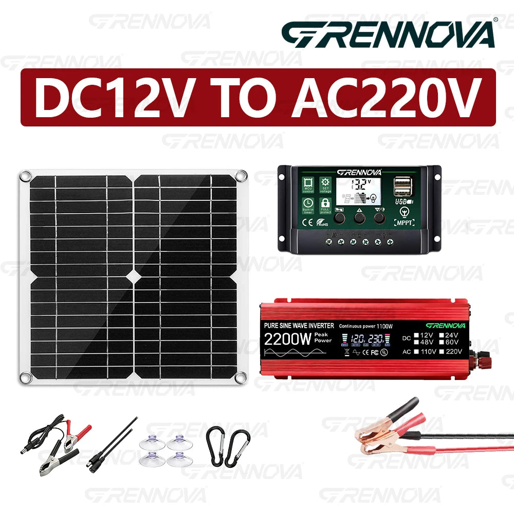 Grennova Portabelt Solcellskit 1100W – Ren Sinusvåg 2200W Peak + 30W Panel + 60A MPPT, 110V/220V Off-Grid Husbil Balkong