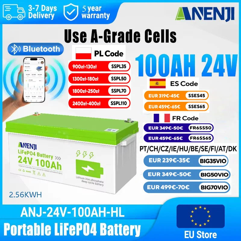 ANENJI LiFePO4 Batteri 24V 100Ah 2,56kWh – Bluetooth, 100A BMS (200A puls), Grade A Prismatiska Celler, >6000 Cykler, IP65, 5års Garanti, EU-lager (Polen)