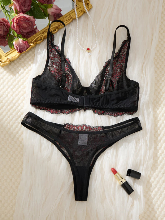 Sexig spets-BH och trosor - Svart/rött lingerieset ZA825161