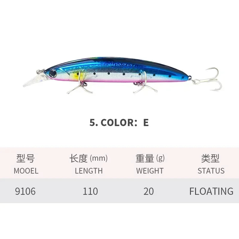 Floating Minnow Fishing Lures 110MM 20g Sea Ocean Beach Fishing Artificial Hard Bait Fishing Tackle for Bass Pike Perch Pesca