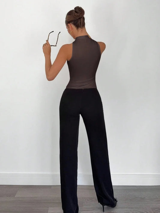 Dam Halterneck Crop Top – Metallring Twist Knot, Slim Fit Sommar Kontorsstil, 10 Färger