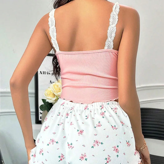 Dam Pyjamas Set – Spets V-ringad Cami-Topp & Mönstrade Shorts, Rosa & Khaki