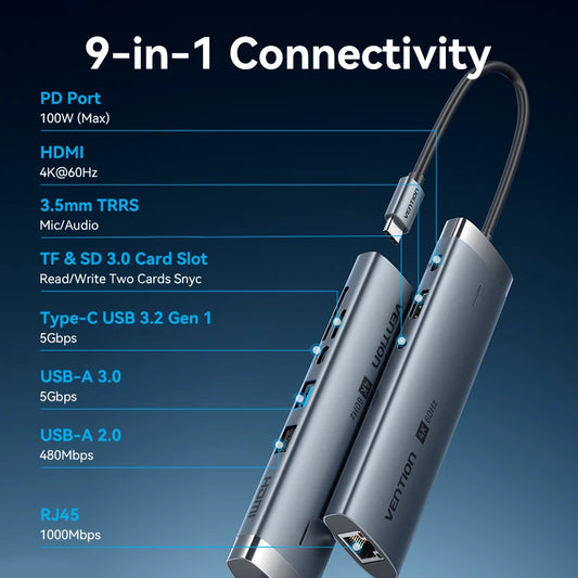 Vention USB-C Hub 4K@60Hz – 5-i-1 till 9-i-1 HDMI Gigabit RJ45 PD 100W SD TF USB 3.0 Audio CE/FCC/RoHS MacBook iPad PC