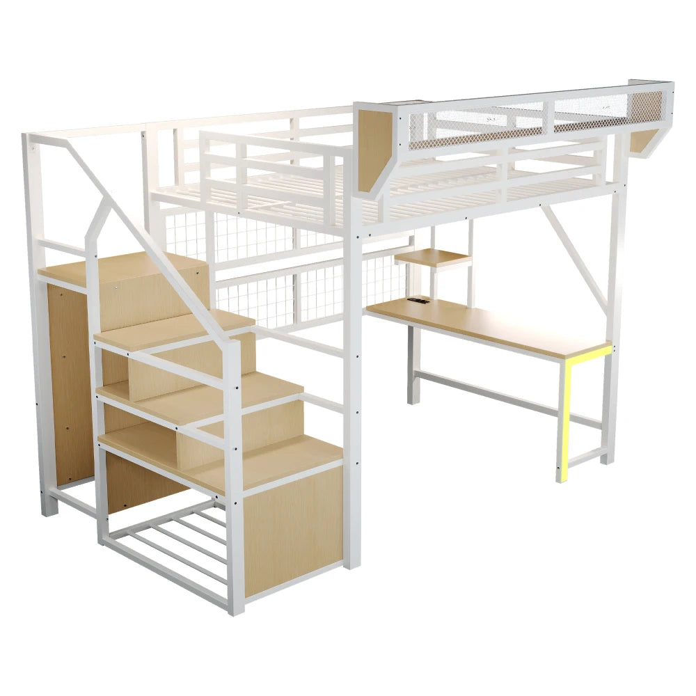 90×200cm & 140*200cm Metal High Bed, with Desk, Shelf and Storage Net, Complete with Safety Ladder, LED Lighting and Socket