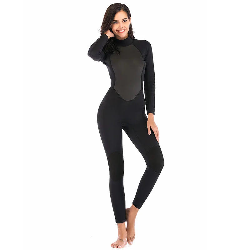 Womens 3mm Neoprene Long Sleeves Wetsuit One-piece Diving Suit Back Zip for Scuba Diving Snorkeling Surfing Swim Spearfishing
