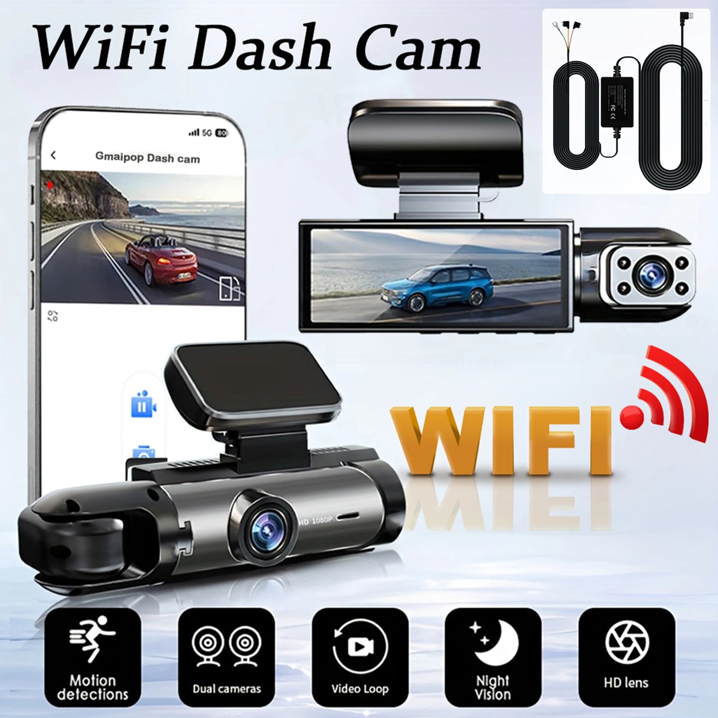 Dashkamera 1080P WiFi – Dubbel Kamera Fram & Inuti, Nattseende, Loop-inspelning