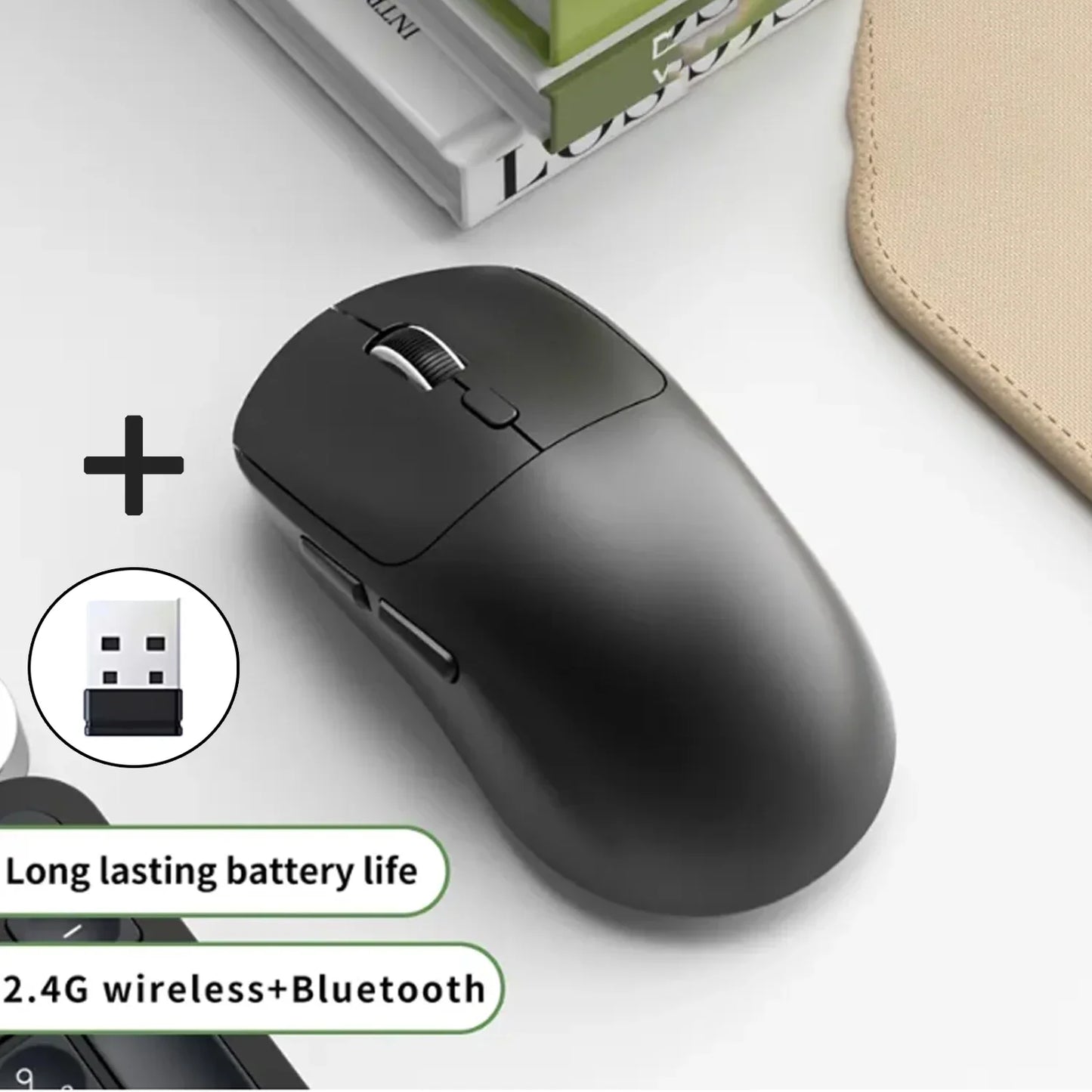 Trådlös Ergonomisk Mus 3-läges Bluetooth + 2,4G USB – Tyst 6 Knappar 1800 DPI Laddningsbar Kontor Gaming, Vit/Röd/Svart