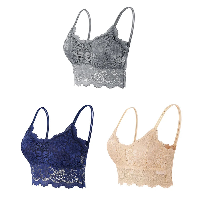 3PCS Women's Lace Bras Top Comfortable Bralette Solid Color Sexy Underwear Vest Female Hollow Out Wireless Lingerie Seamless Bra