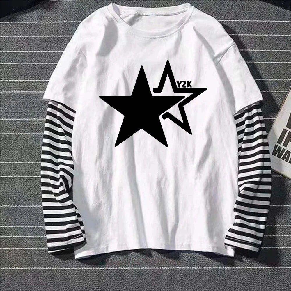 Women Star Y2K Print Graphic Fake Two Long Sleeved T-shirts Fashion Gothic Retro Casual Loose Fake Two Long Sleeved T Shirt
