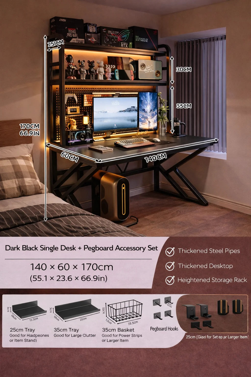 Gaming Desk with Bookshelf and Pegboard Computer Desk with Storage Shelf Home Office Study Desk for Bedroom Small Space