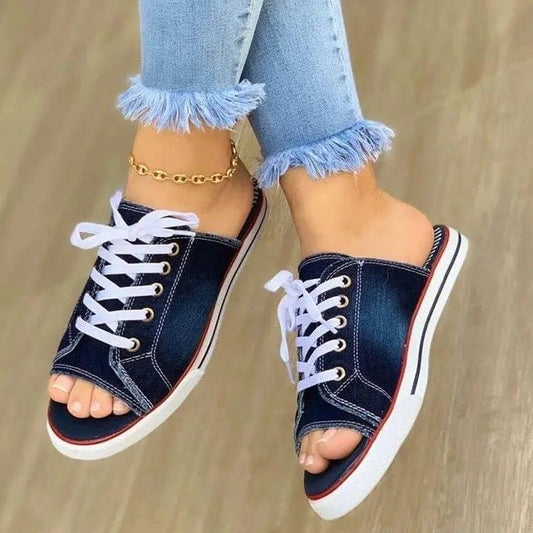 Denim strandsandaler med snörning för dam – öppen tå, halkfria