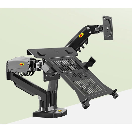 NB ERGONOMIC F160+FP-2 Dubbel Arm Skärm+Laptop – 17–27" Skärm 10–17" Laptop Gasfjäder 2–9kg 360° ±180° VESA 75x75 100x100