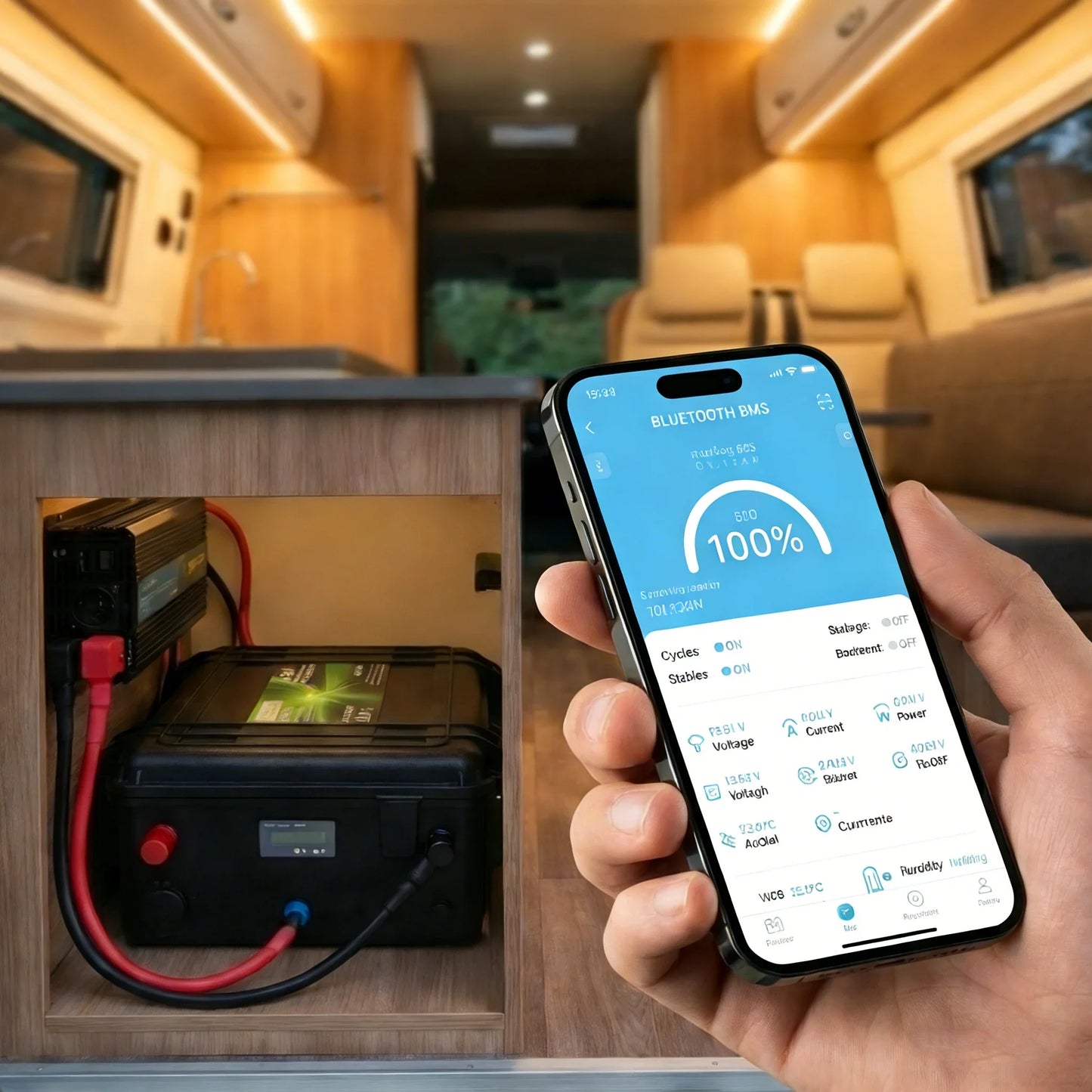 LiFePO4 Batteri 12V 100Ah/200Ah – Bluetooth, 4S 100A BMS, IP56, USB/PD, Anderson-port, >6000 Cykler, Båt/Husbil/Off-Grid, EU-lager (Frankrike)