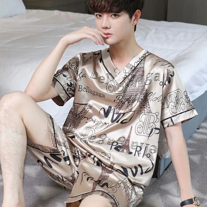 Herr Pyjamas Is-Silk – Kortärmad Tvådelad Lös Koreansk Stil, 3 Färger L–3XL