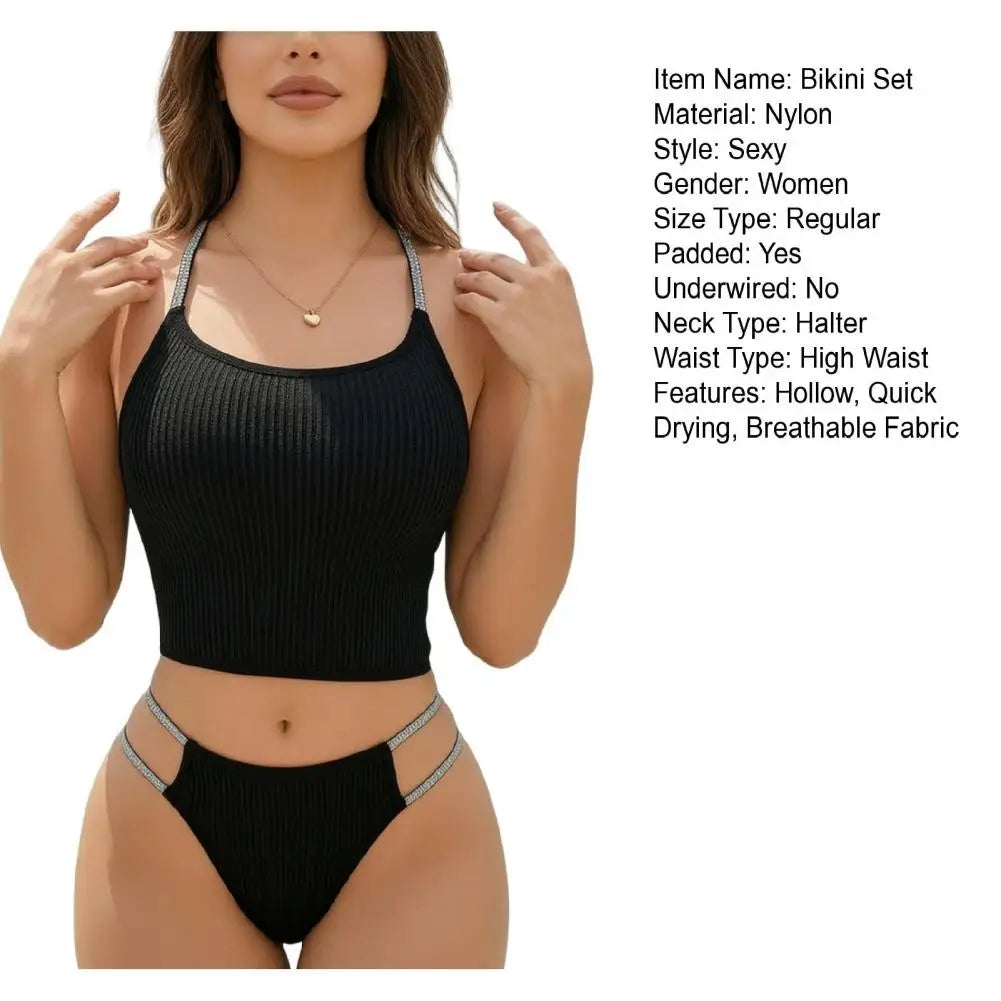 Diamonds Stylish Thin Strap Bikini Set Shiny Strap Swimwear Women Padded Top with Cheeky Cut Bottom Silver Strap Bikinis
