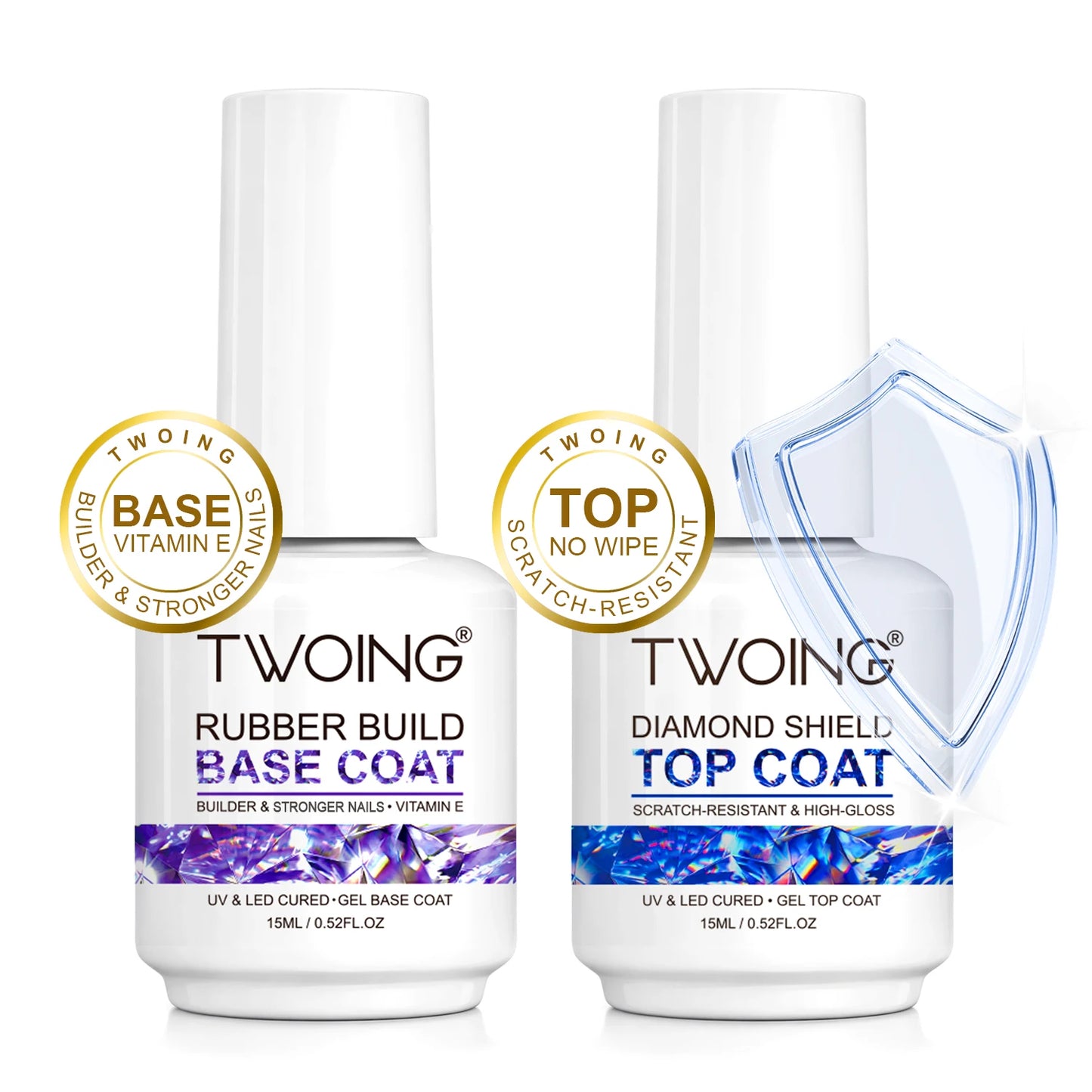 TWOING Rubber Base Coat & No Wipe Top Coat Set 15ml+15ml, Builder Base Gel, Diamond Shine, UV LED Soak Off, Long-Lasting