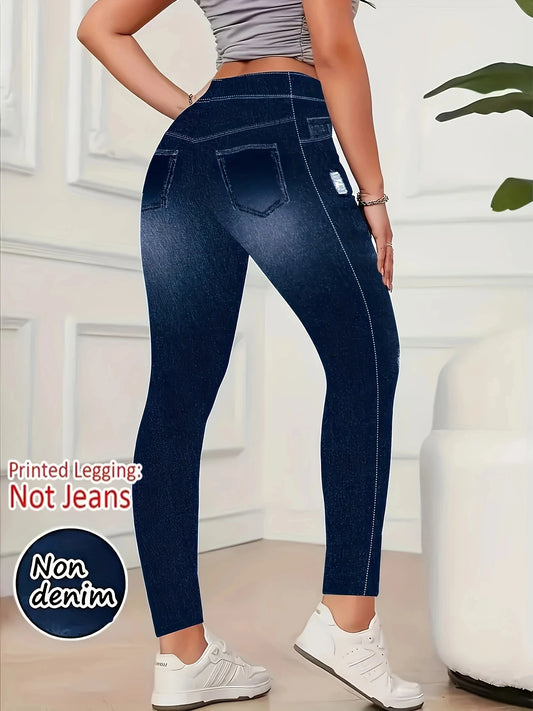 Dam Fejk-Denim Print Leggings 2026 – Tunn Mjuk Skinny Yoga Sport Casual Hög Midja S–XXL