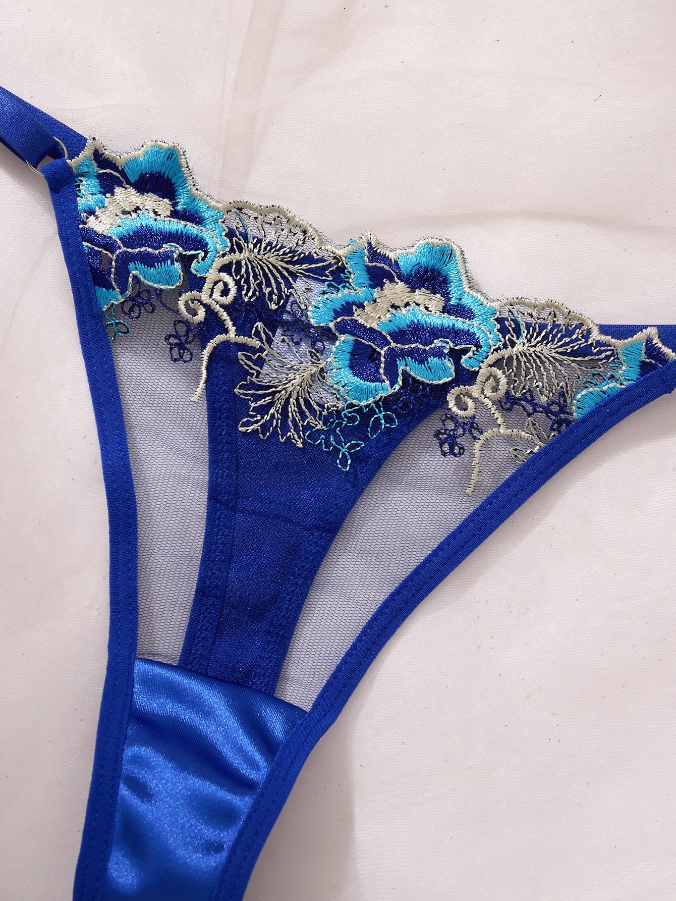 Royal Blue Floral Embroidery Satin Mesh Lingerie Set Underwire Bra With Matching Thong Women Sexy Intimates ZA825146