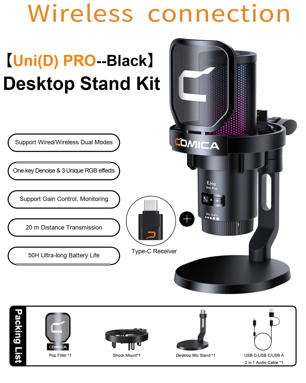 COMICA EJoy Uni Pro trådlös USB-mikrofon med RGB – välj arm eller stativ