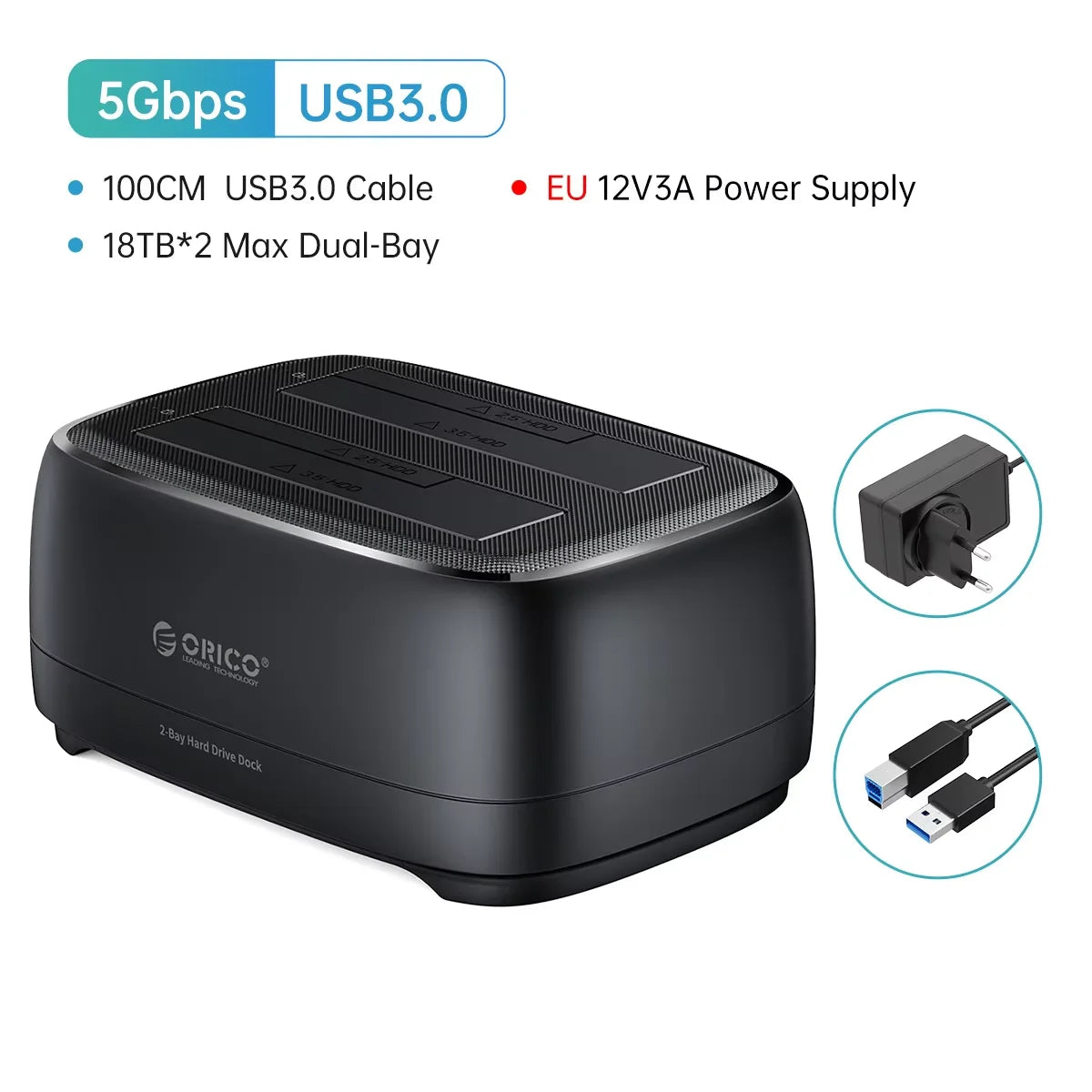 ORICO Dual-bay Hard Drive Station 5Gbps Type-C HDD Docking Station with 12V 3A Power Adapter for 2.5/3.5 Inch HDD/SSD