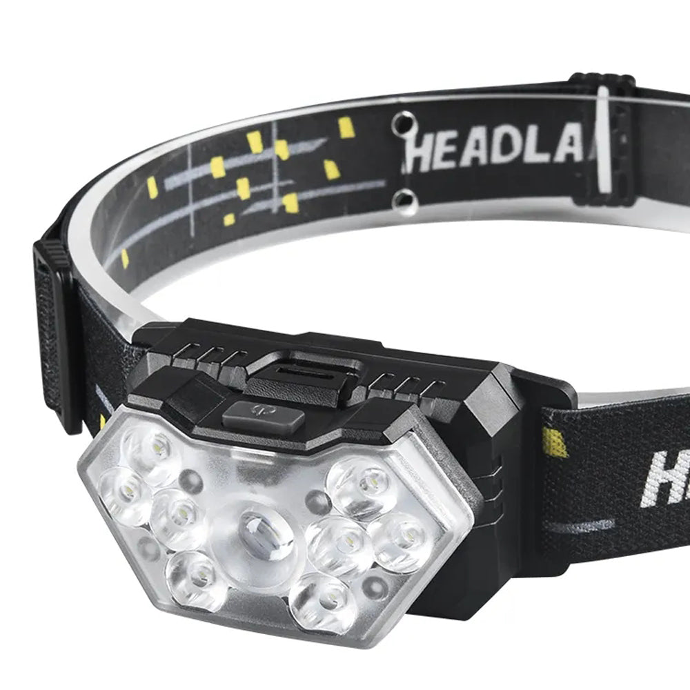 Pannlampa 9 LED 2000 Lumen – USB-C Uppladdningsbar, Rörelsesensor, 6 Lägen, Vattentålig, Camping