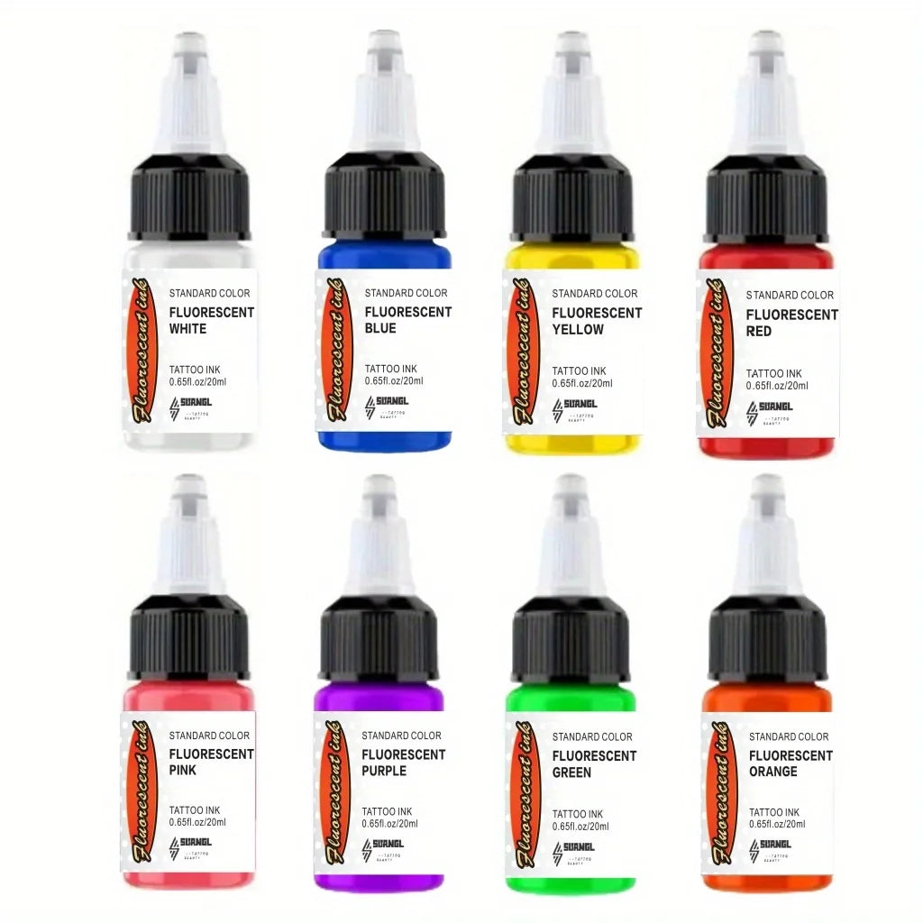 UV Fluorescent Tattoo Ink Set - 8 Colors Glow in The Dark, 20ml Safe & Non-Toxic for Body Art.