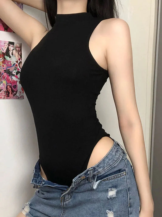Dam Bodysuit 2026 – Harajuku Y2K Slim Fit Ärmlös Bodycon Svart, S–L