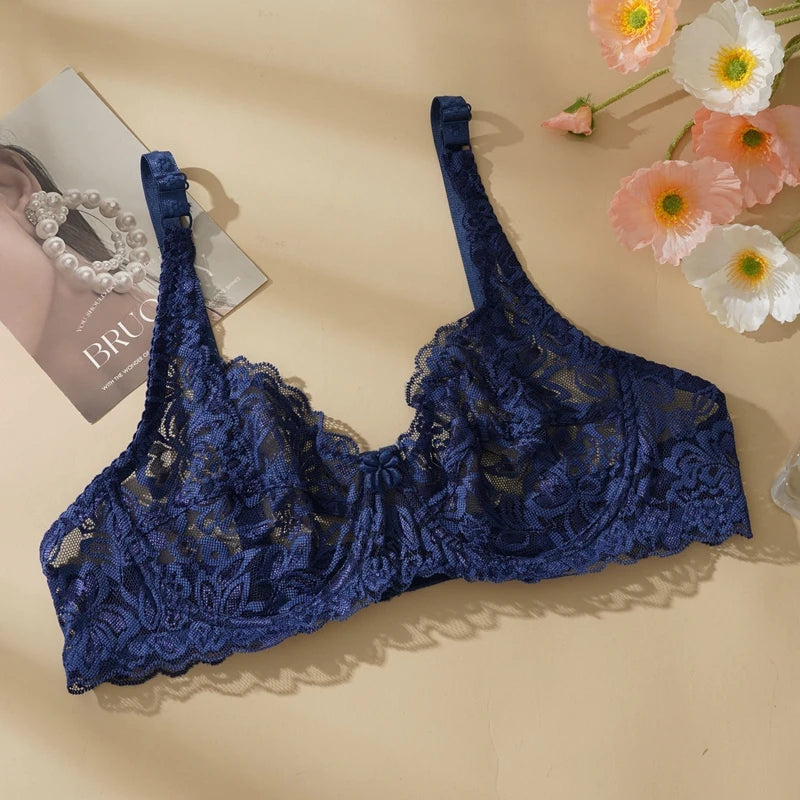 Plus Size Ultra-thin Lace Bras Women Sexy Exquisite Bras Non-padded Push Up Hollow Out Gathered Solid Underwear 34-40 B/C CUP