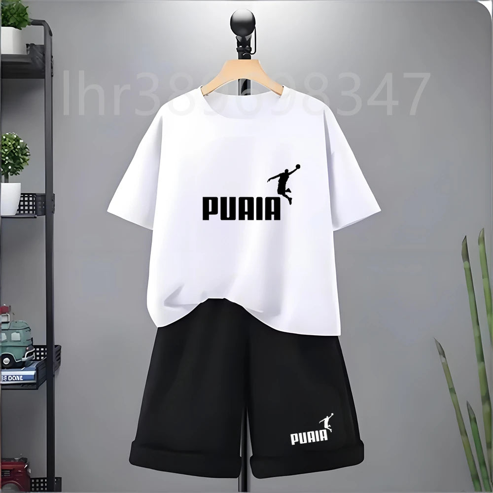 Summer Kids Print 2pcs Breathable Tees+Shorts Leisure Suits 3-12 Years Boys Girls Outfits Children Cool Black White Clothes