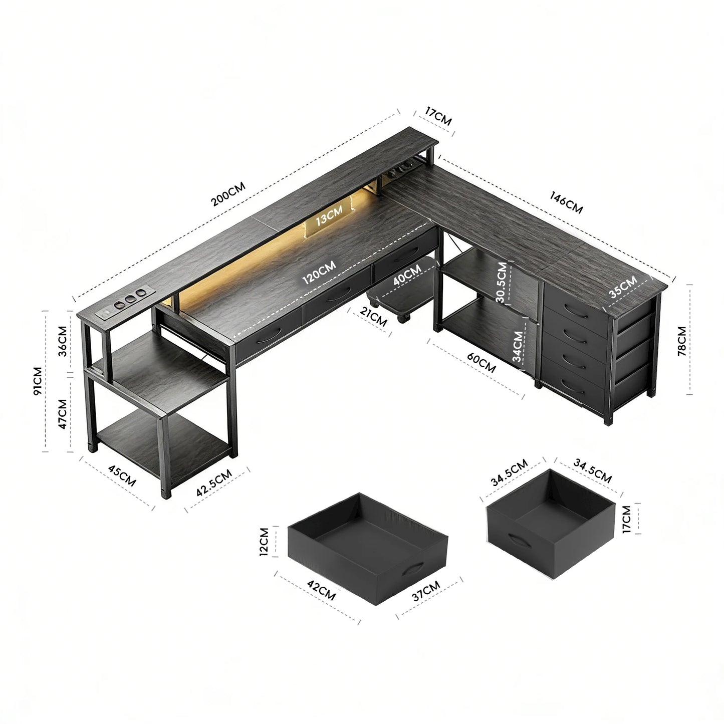 L Shaped Computer Desk with RGB LED Lights Reversible Gaming Desk Power Outlet Monitor Stand Drawers Storage