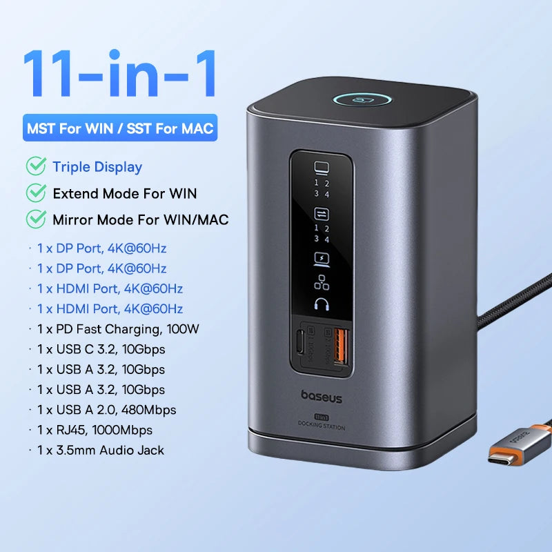 Baseus 11/12-i-1 USB-C-docka med flera skärmutgångar och PD