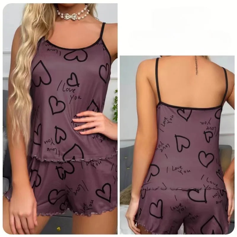Dam Pyjamas Set Is-Silk – Röda Hjärtan, T-shirt & Shorts Sommar Loungewear