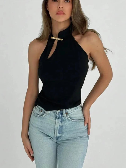 Dam Tank Top Cheongsam Buckle – Y2K Stretch Hollow Sommarlinne, Svart & Vit S–L