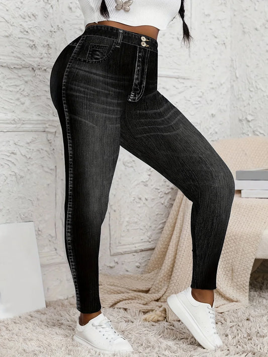 Dam Plus Size Jeggings Fejk-Denim – Hög Midja 4-vägs Stretch Rumplyft Smal Passform Året Runt, XL–5XL