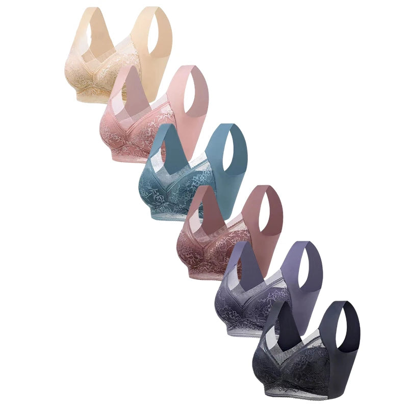 FallSweet 6PCS Ice Silk Lace Bras for Women Wireless Push Up Bralette Deep V Plus Size Brassiere Soft Lingerie Mom Underwear