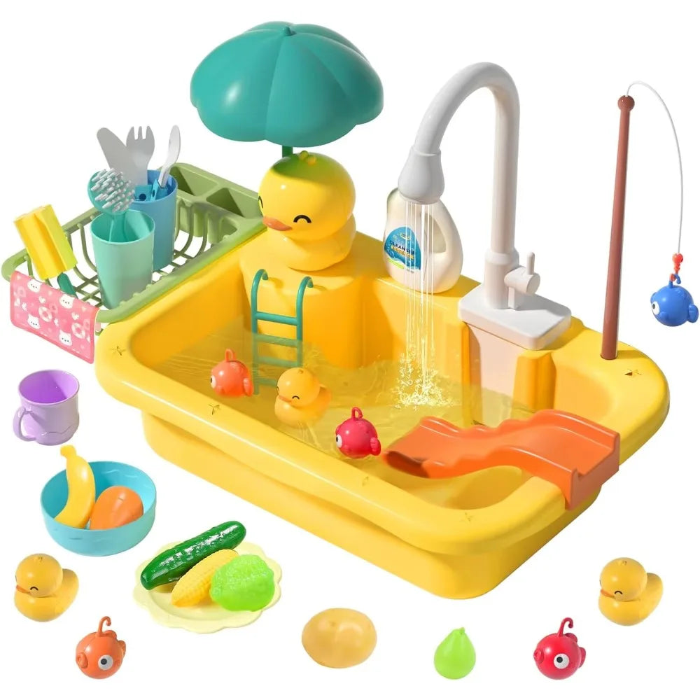 Play Sink with Running Water Kitchen Sink Toys Electric Faucet Play Kitchen Toy Pool Floating Fishing Toys for Water Play