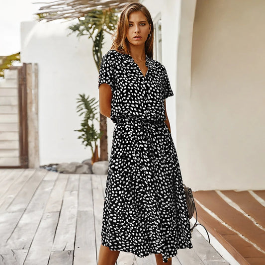 Vintage Blommig Boho Skjortklänning – Kortärmad, Lång, Nedvikt Krage, Skärp, 6 Färger, S–XL