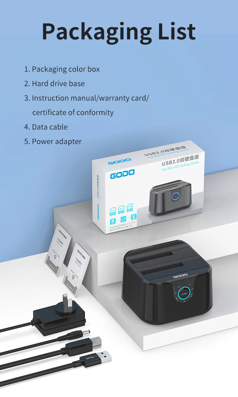GODO HDD Docking Station SATA to USB 3.0 Adapter for 2.5 3.5 SSD Disk Case HDD Box Dock Hard Drive Enclosure Docking Station