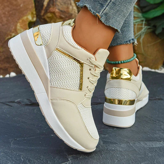 Mesh-sneakers med kilklack för dam – lätta plattformsskor med snörning