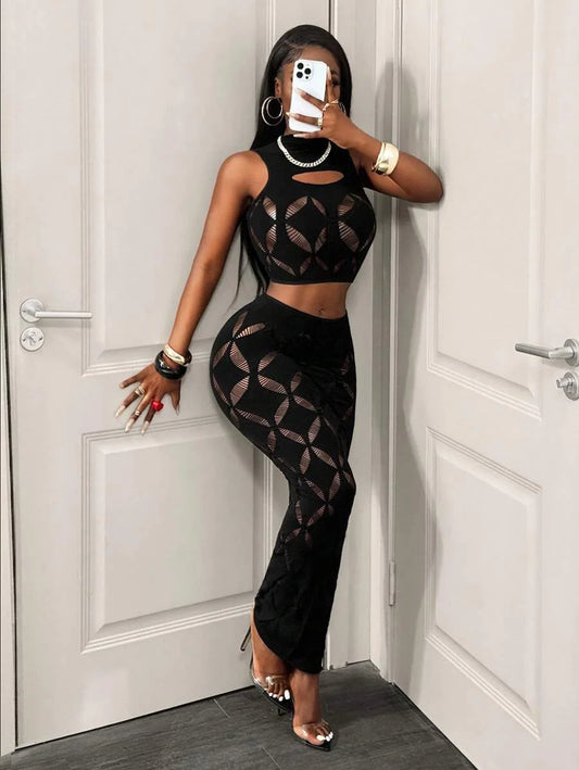 Dam 2-delat Sexy Set 2026 – Mesh Crop Top & Bodycon Minikjol Hög Midja Clubwear, One Size