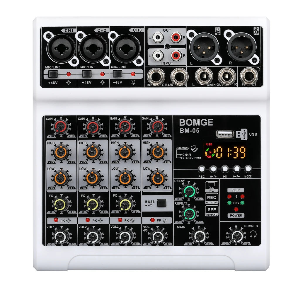 BOMGE 5 Channel Mixer with 3 Mic Line Input 48V Stereo Bluetooth MP3 PC U Dish Recording for Studio with Headphone Monitoring